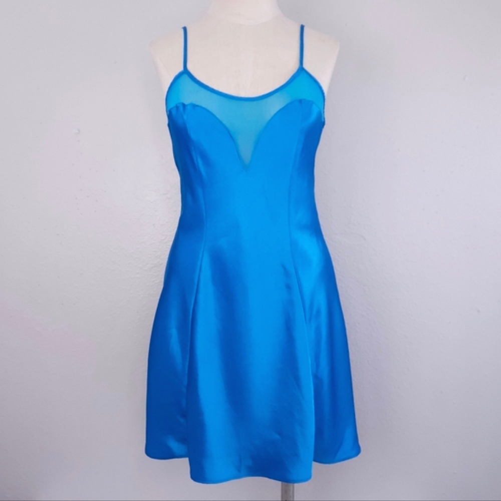 VAL MODE Vintage Slip Dress Blue Satin Nightgown LARGE
